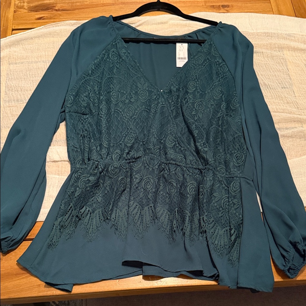 New York & Company Teal Lace Blouse